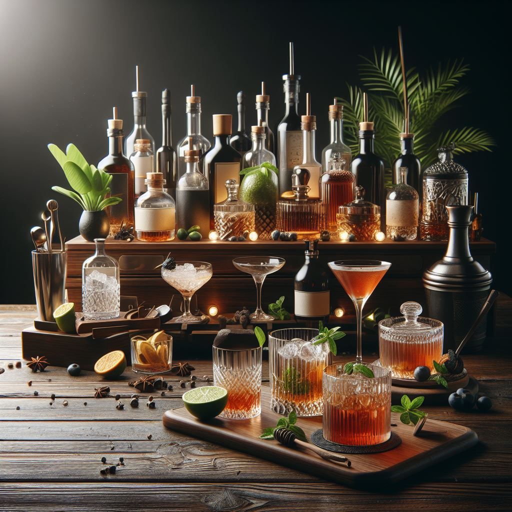 A bar counter full of decanters and cocktails.