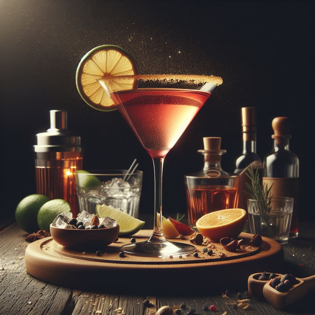 A vibrant Cosmopolitan cocktail garnished with a lime twist.