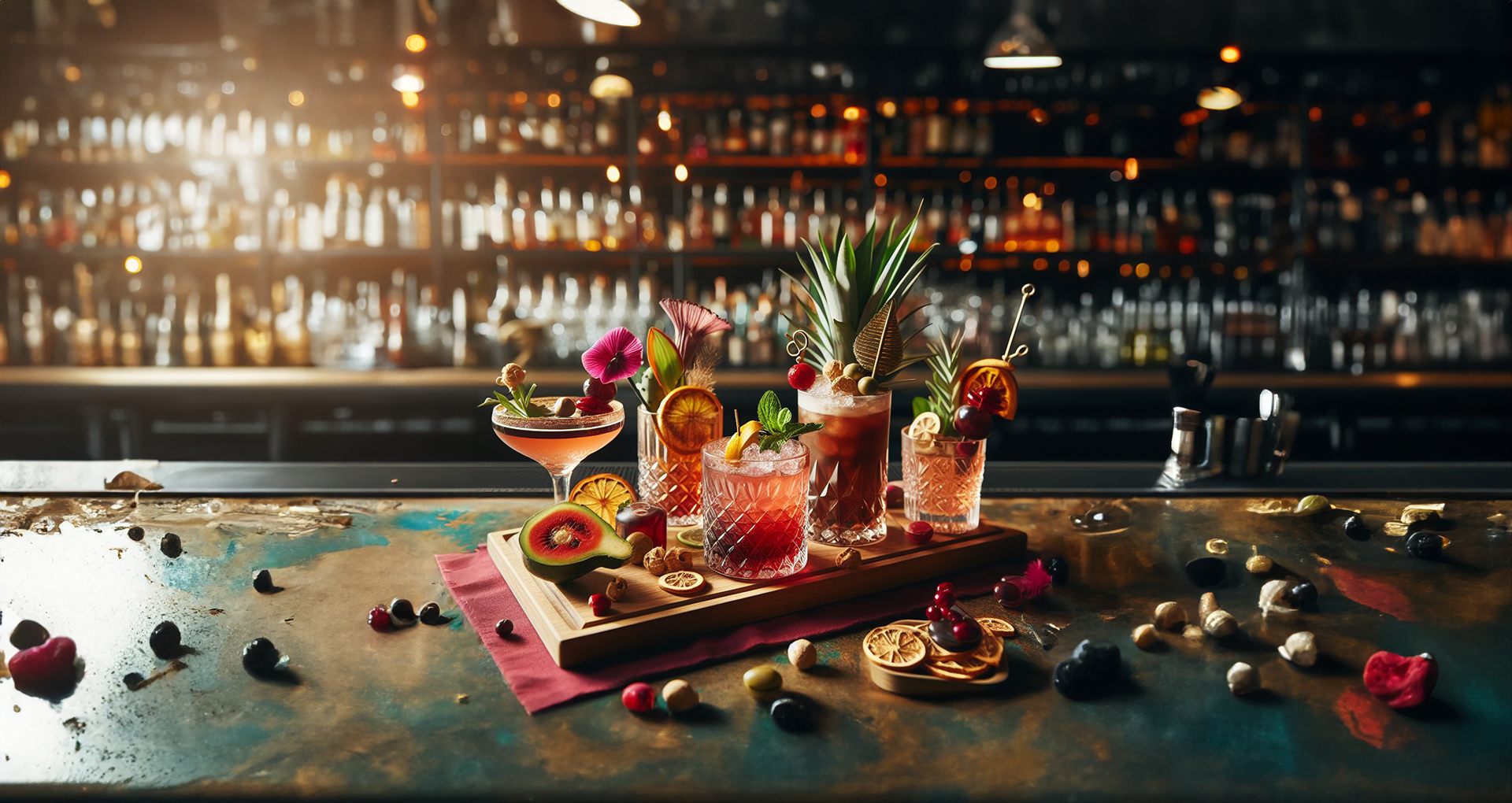 A bar counter with various drinks