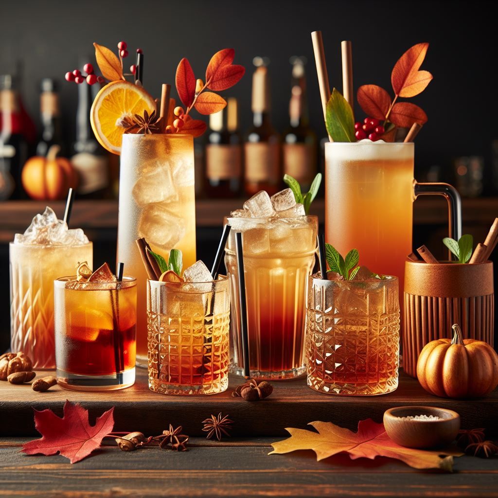 A selection of cozy fall cocktails with cinnamon sticks and autumn leaves.