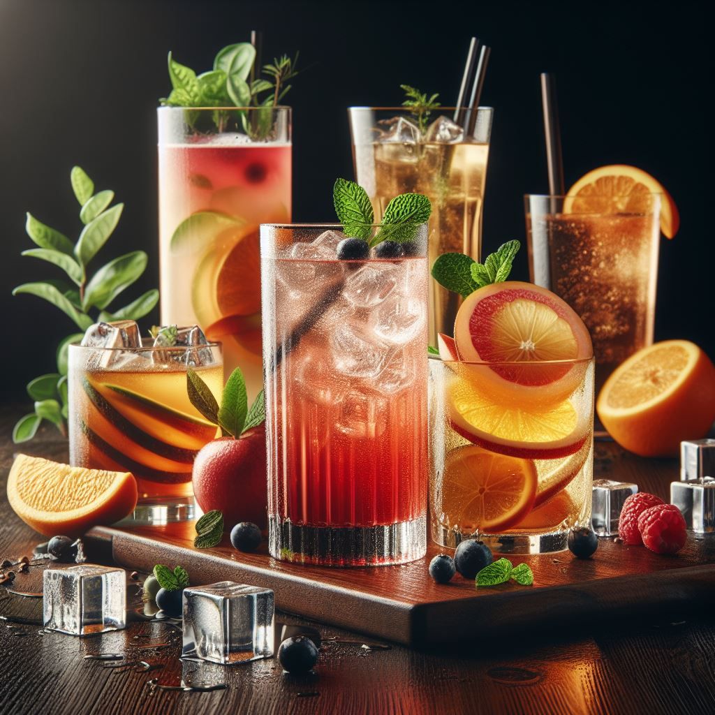 A selection of colorful fruity cocktails with fruit garnishes.