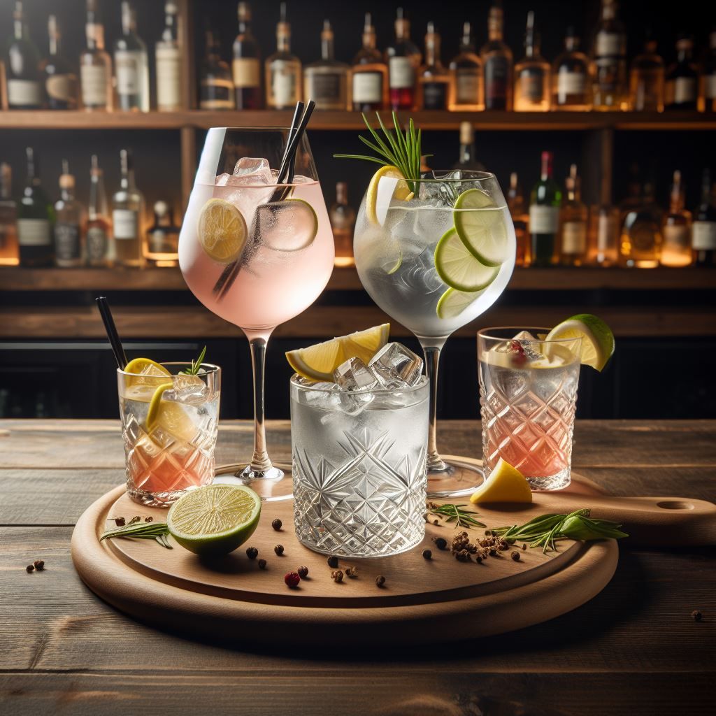 A selection of elegant gin cocktails with various garnishes.