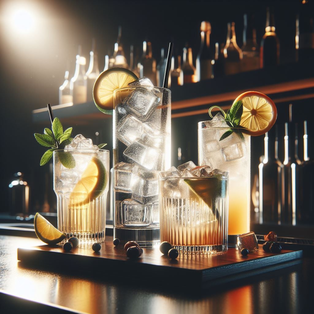 A refreshing highball cocktail on a bar.