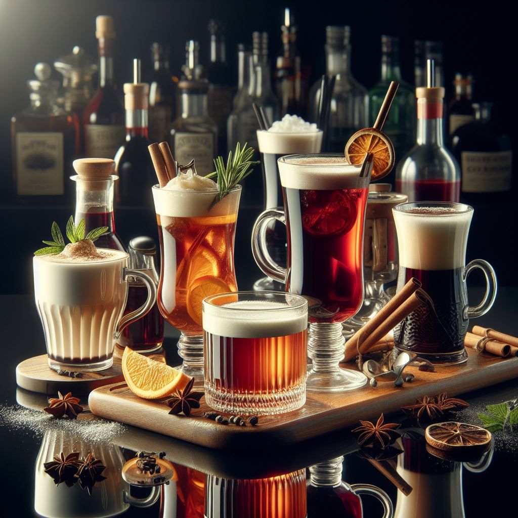 An assortment of steaming hot drinks in mugs and glasses.