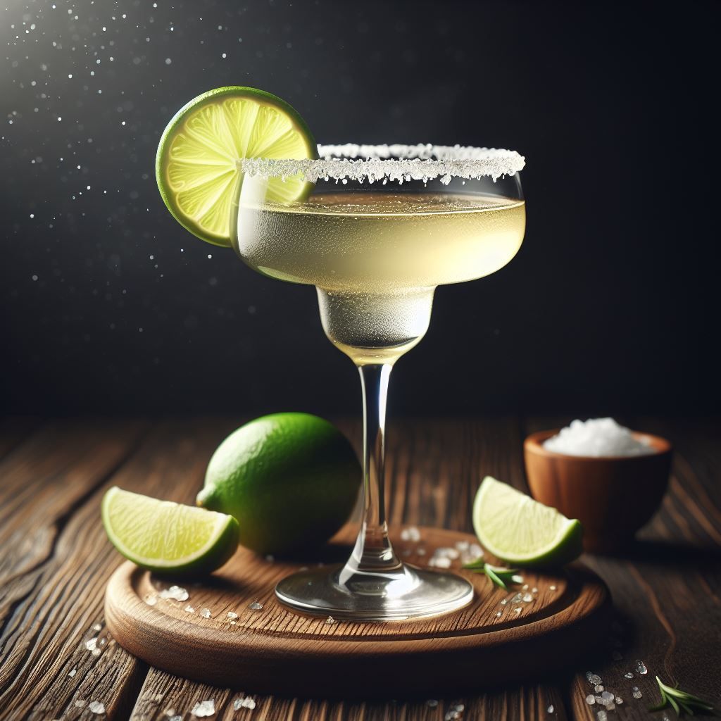 A classic Margarita cocktail garnished with a lime wedge and a salted rim.