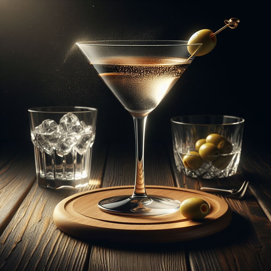 A classic Martini cocktail garnished with an olive.