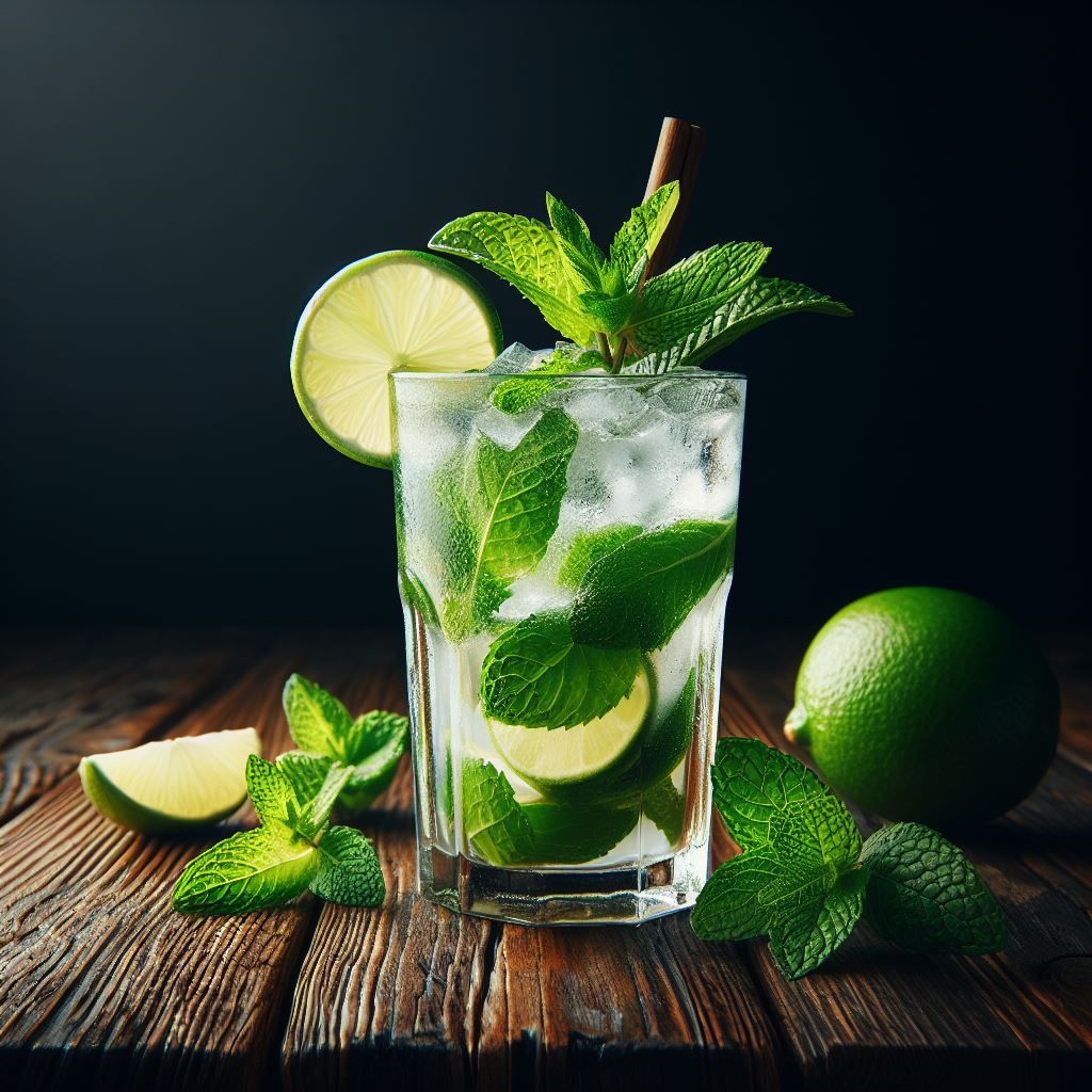 A classic Mojito cocktail garnished with fresh mint leaves and a lime wedge.