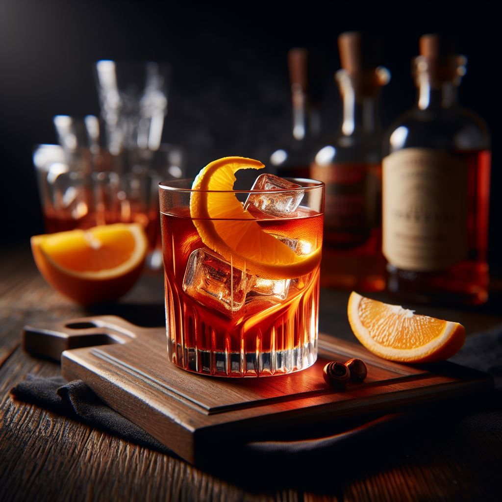 A classic Negroni cocktail garnished with an orange twist.