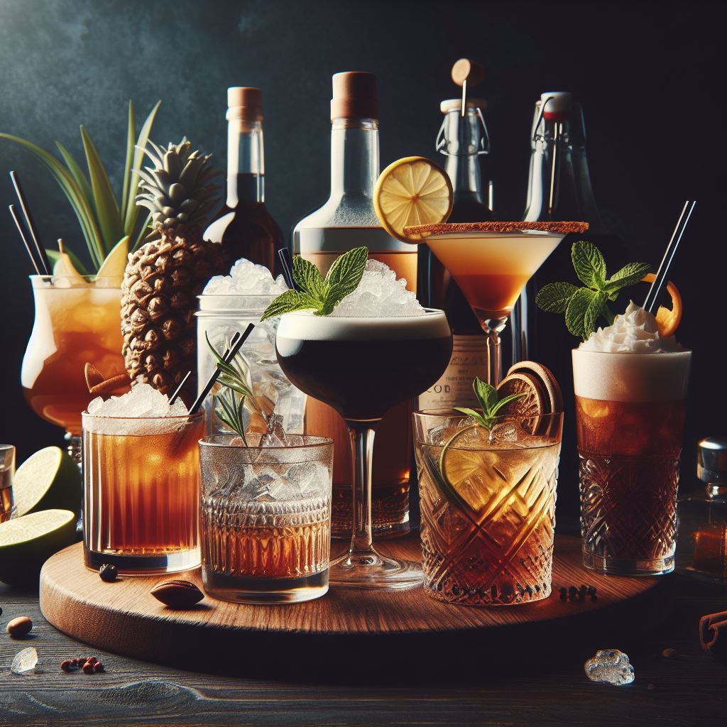 A collection of colorful cocktails with fresh garnishes.