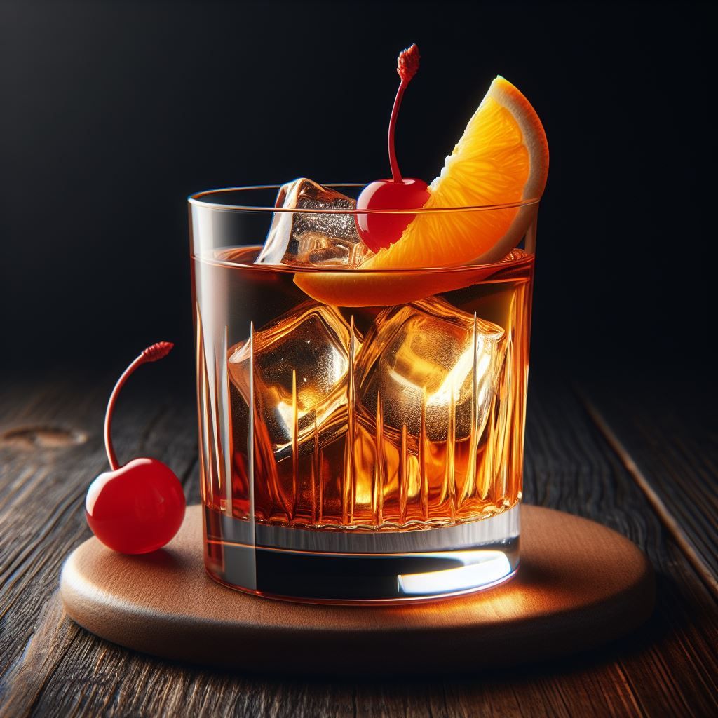 A classic Old Fashioned cocktail garnished with an orange twist and a cherry.