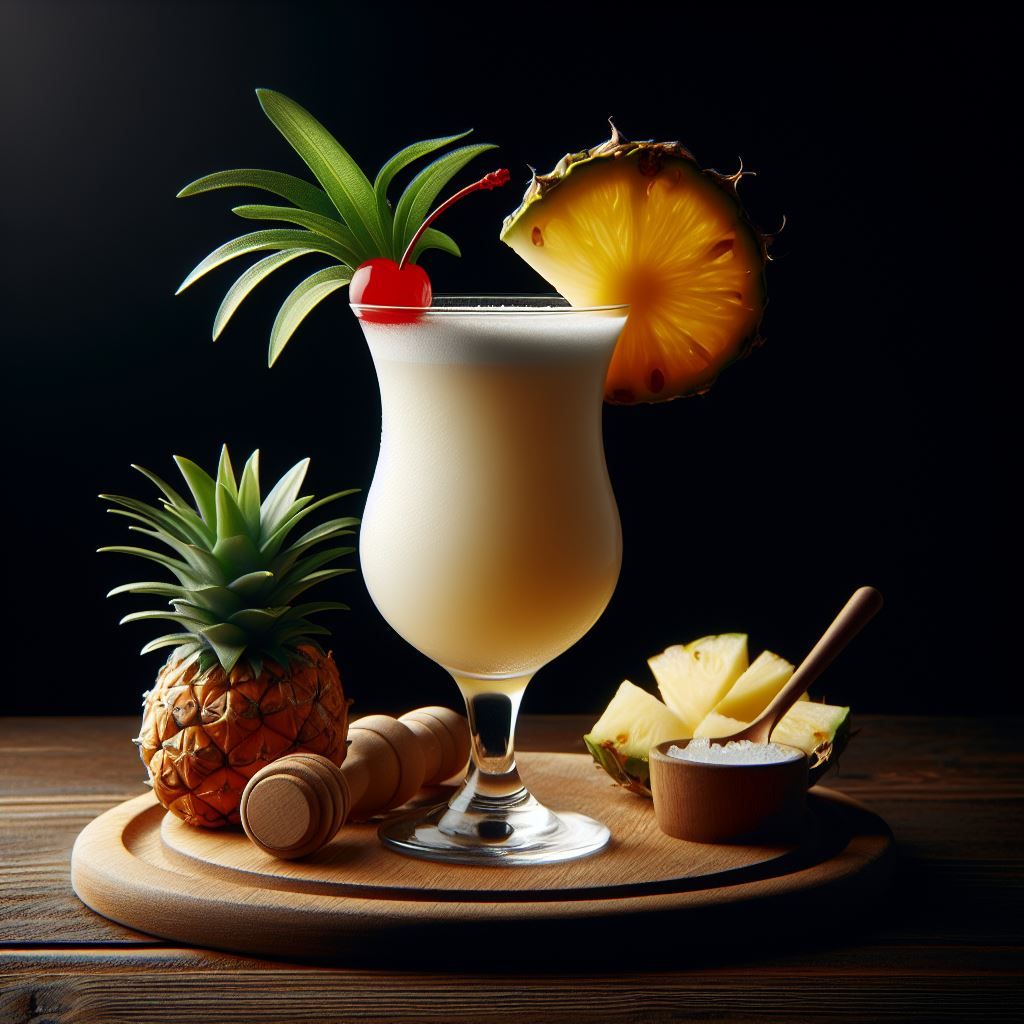 A classic Piña Colada cocktail garnished with a pineapple slice and a cherry.