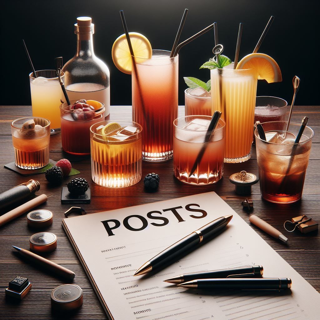 A bar counter with various drinks and a paper that says "Posts"