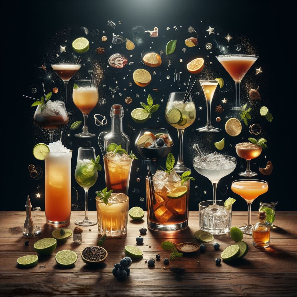 A bar counter with various drinks and ingredients floating around