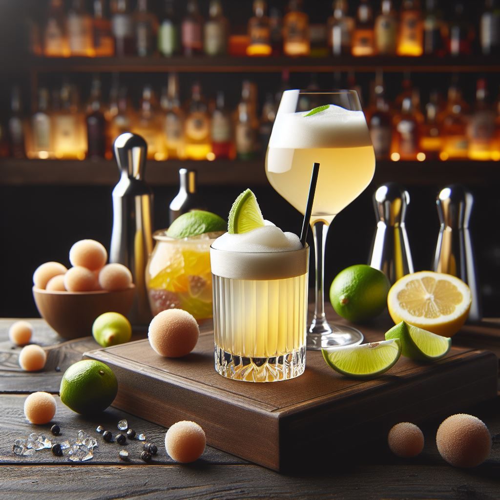 A classic whiskey sour cocktail with a lemon wedge.