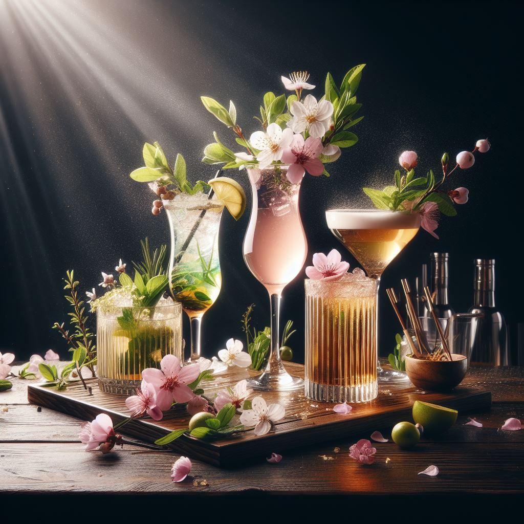 A selection of colorful springtime cocktails with floral garnishes.