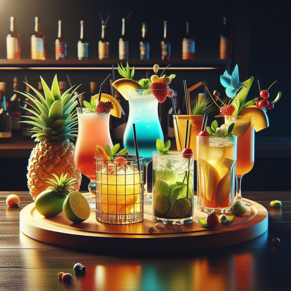 A selection of colorful summertime cocktails with tropical garnishes.