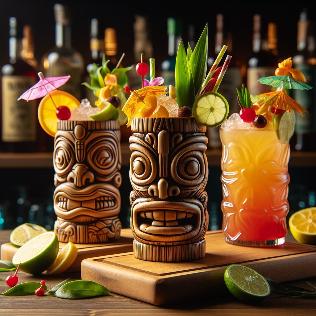 A selection of colorful tiki cocktails with tropical garnishes.