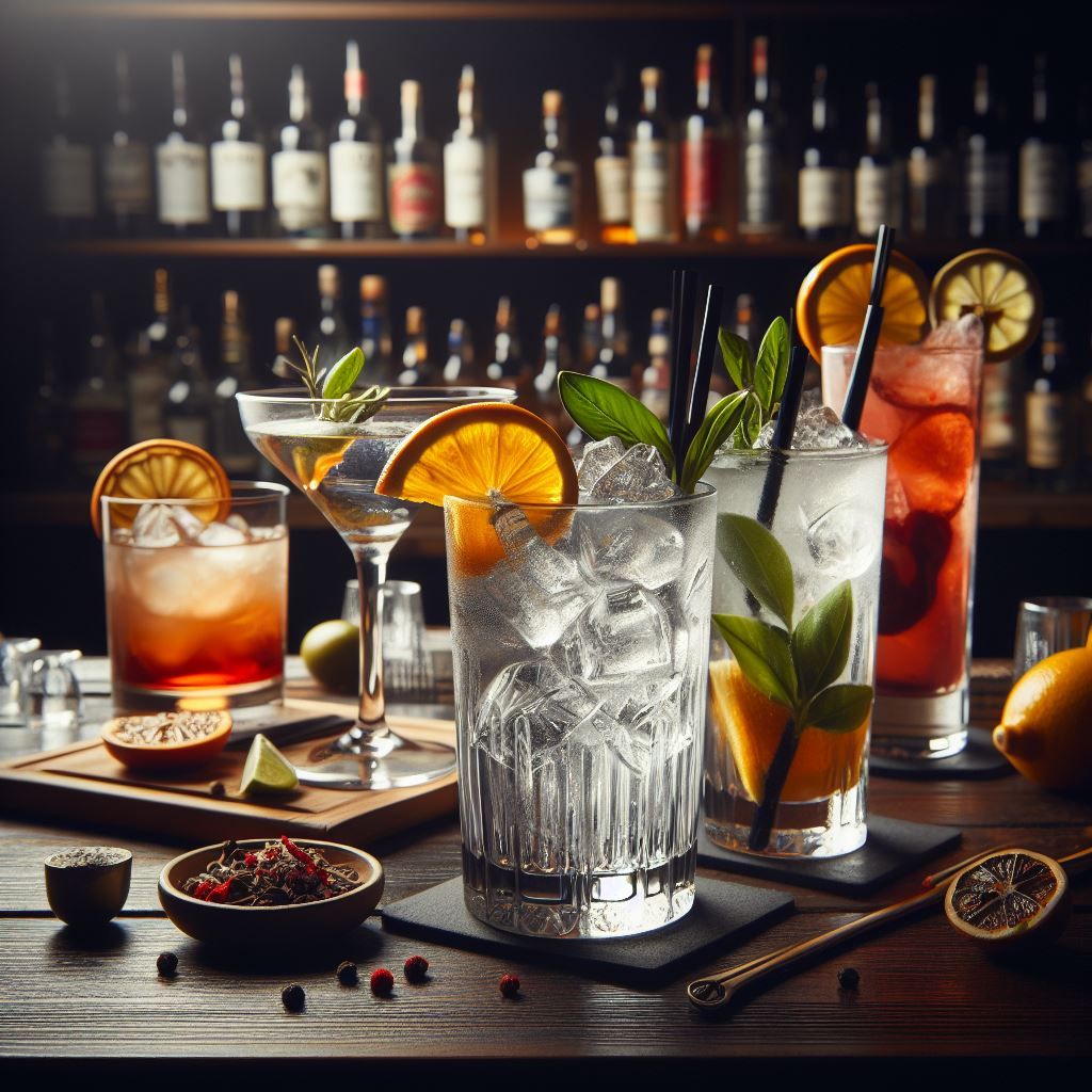 A selection of elegant vodka cocktails with various garnishes.