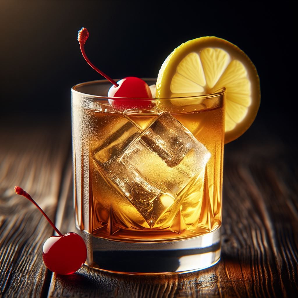 A classic Whiskey Sour cocktail garnished with a lemon twist and a cherry.