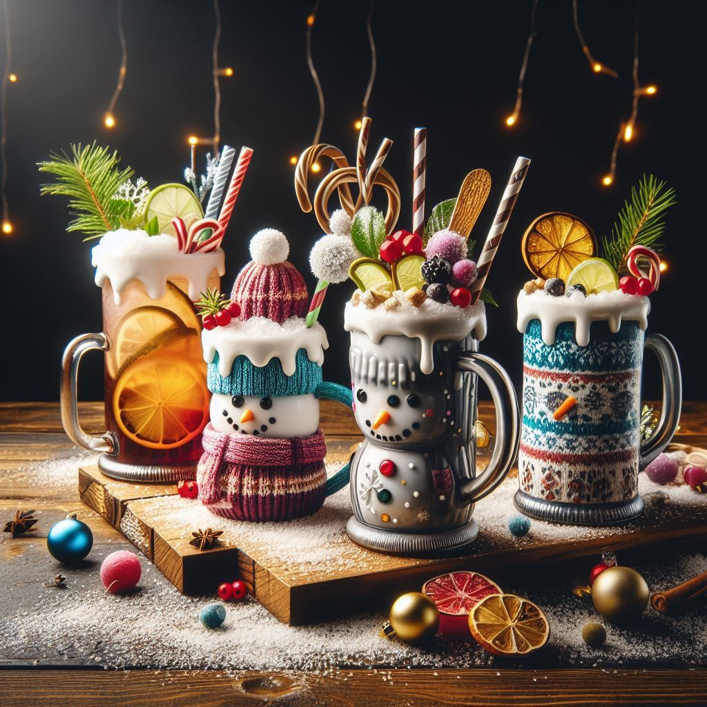 A selection of festive winter cocktails with cinnamon sticks and snowflakes.